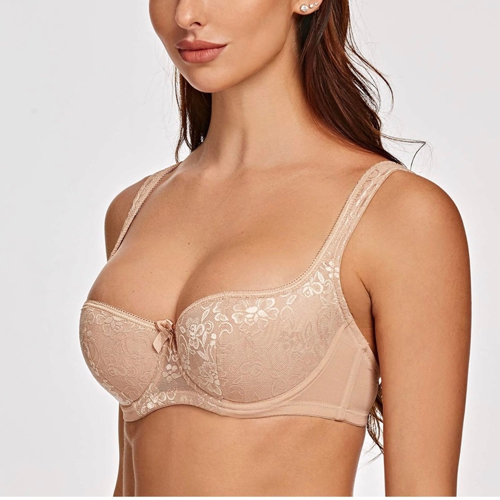 MELENECA Women's Nude Balconette Bra w/Padded Strap Half Cup Underwire Sexy Lace